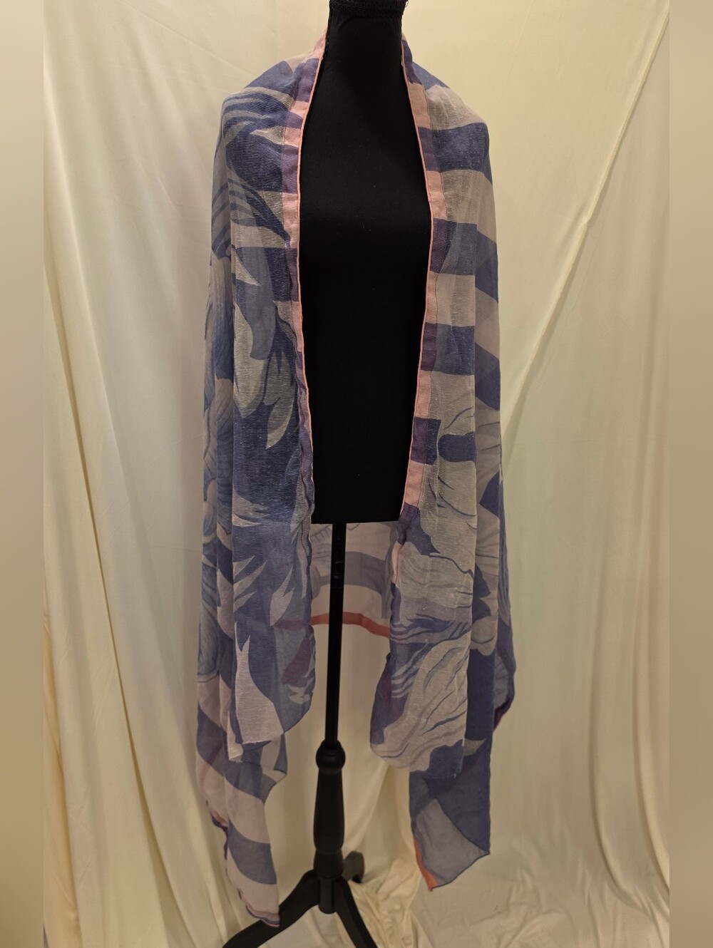 Oversized Sheer Floral Stripe Scarf Wrap Shawl Blue Purple Long Big Bloom 85x39